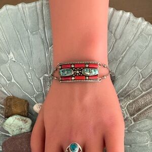 Sterling Silver Turquoise & Coral Artisan Bracelet Soutwestern